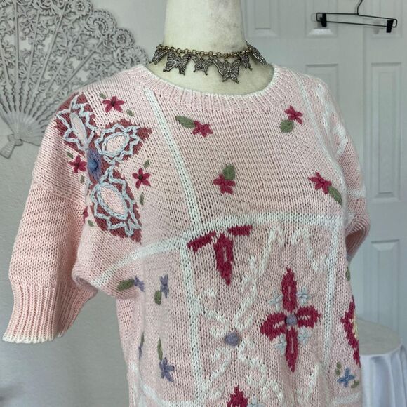 Vintage Light Blush Pink Boho Coquette Knitted Knit Shortsleeve Sweater Top M - Picture 3 of 7